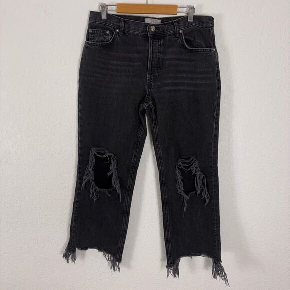 Free People Cropped Distressed Jeans Black Blown Out Knees Size 29 - Picture 1 of 14